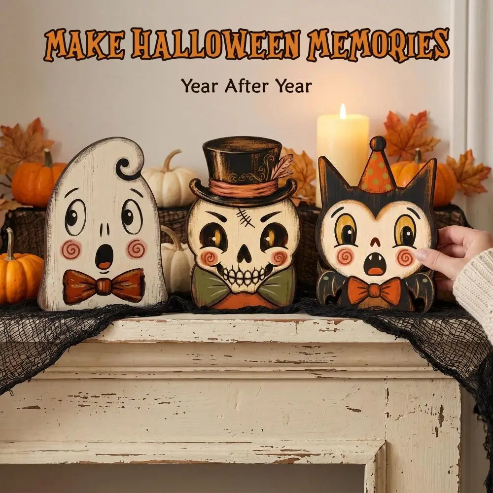 Vintage Wooden Halloween Decor Set of 6 (4" / 10cm)