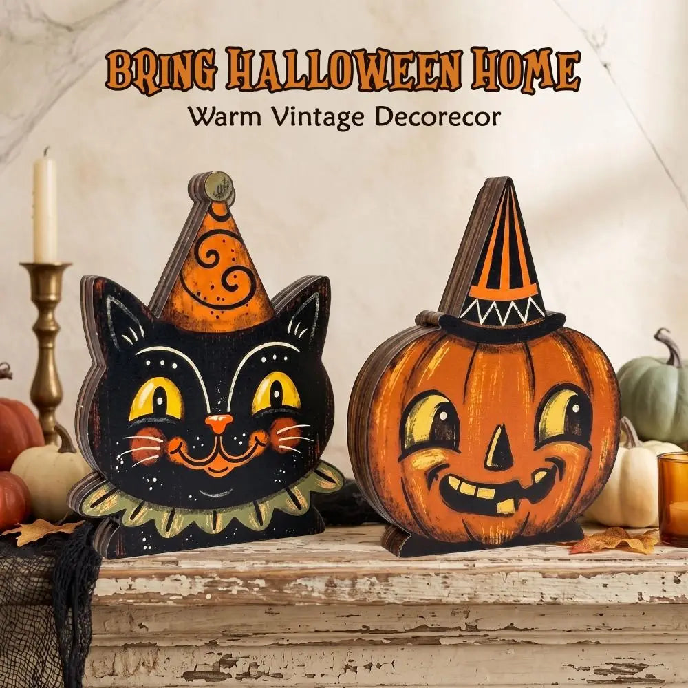 Vintage Wooden Halloween Decor Set of 6 (4" / 10cm)
