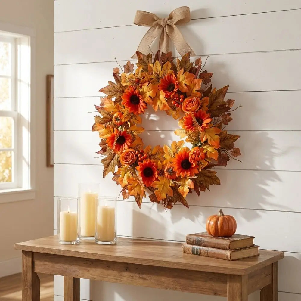 Rustic Fall Harvest Pumpkin & Maple Leaf Wreath