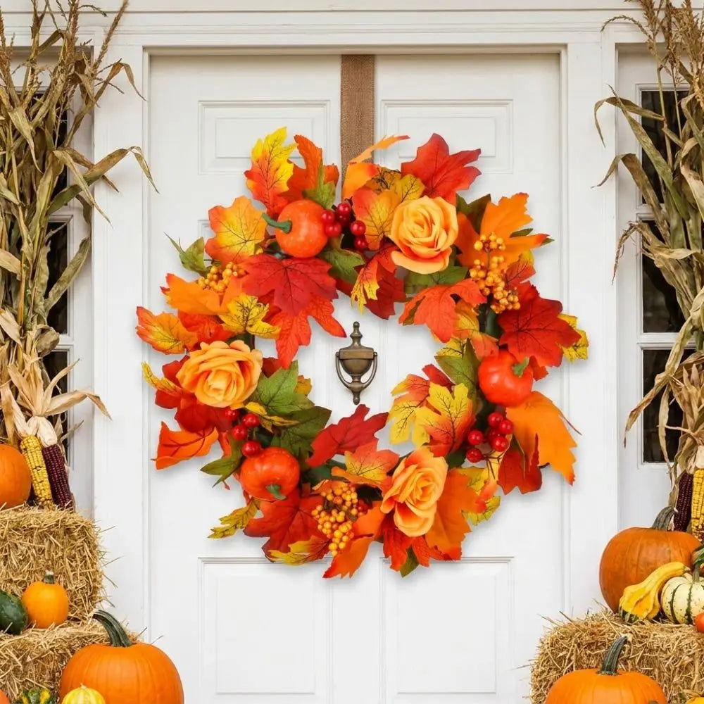 Rustic Fall Harvest Pumpkin & Maple Leaf Wreath