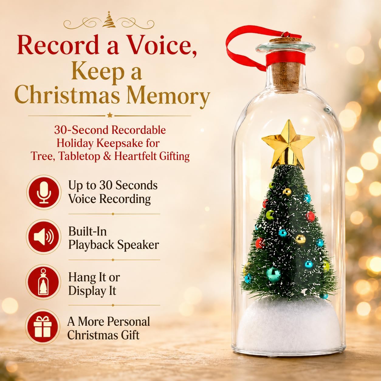 Recordable Christmas Tree Message Bottle - Personalized Voice & Note Holiday Keepsake Ornament