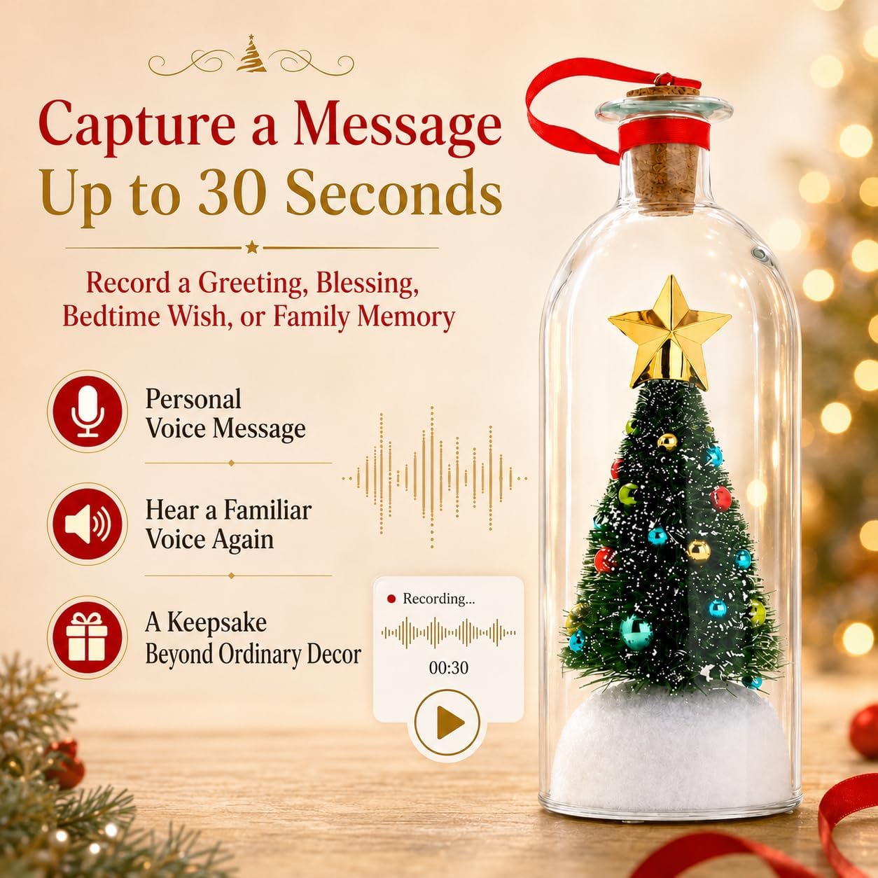 Recordable Christmas Tree Message Bottle - Personalized Voice & Note Holiday Keepsake Ornament